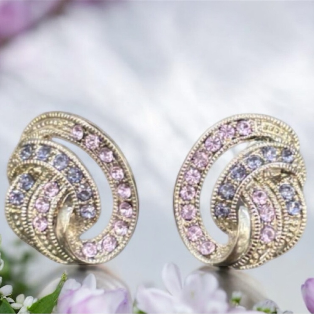 Vintage Earrings Sparkling Pink Purple Crystal Cubic Zirconia Formal Swirl Knot - Picture 4 of 16